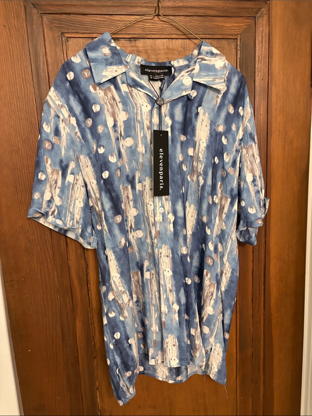 Eleven Paris Blue and White Abstract Print Short-Sleeve Shirt
